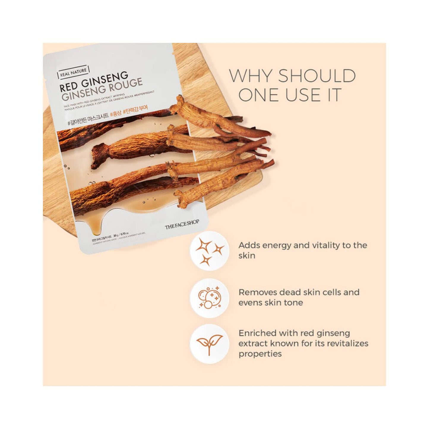 REAL NATURE FACE MASK WITH RED GINSENG EXTRACT – veido kaukė su raudonojo ženšenio ekstraktu (20 g)