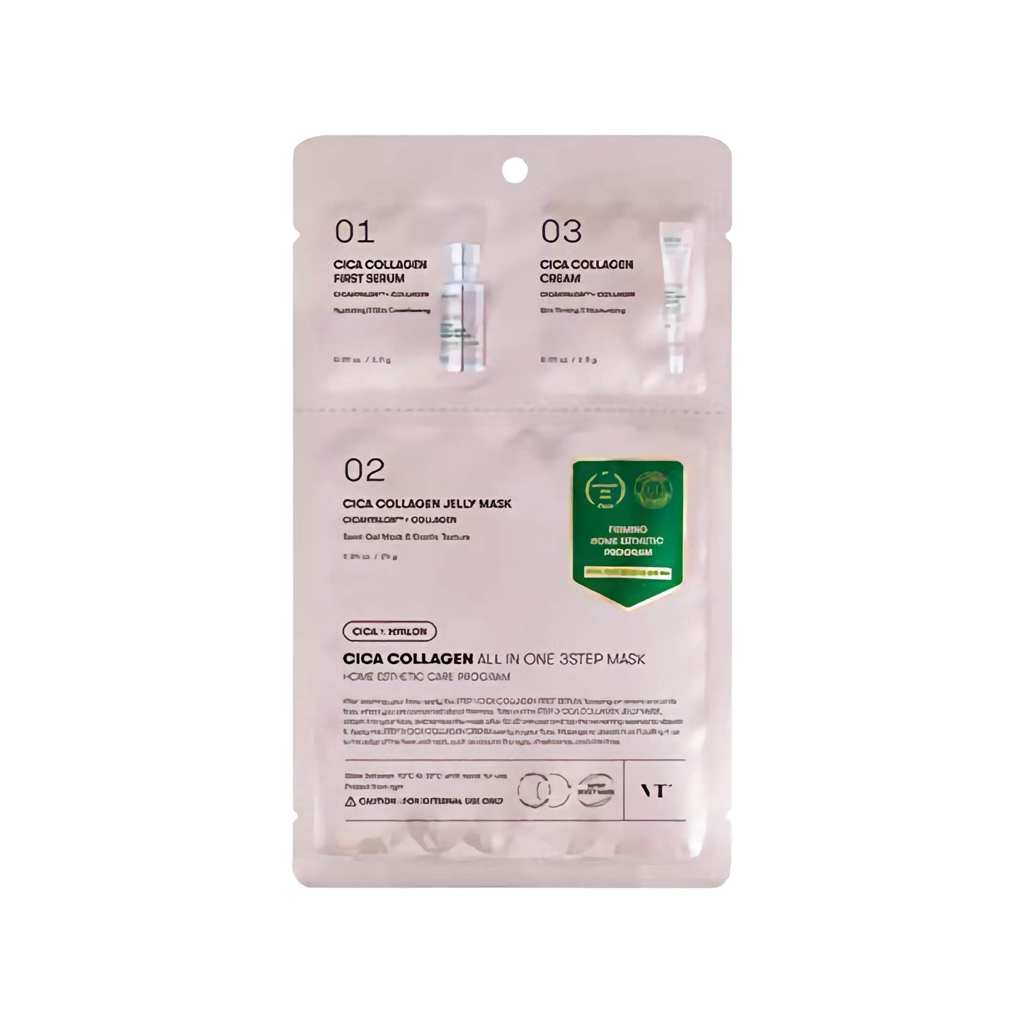 VT Cosmetics - CICA Collagen All In One 3 Step Mask – Drėkinamoji ir Regeneruojamoji Lakštinė Veido Kaukė – 1,5 g + 1,5 g + 25 g