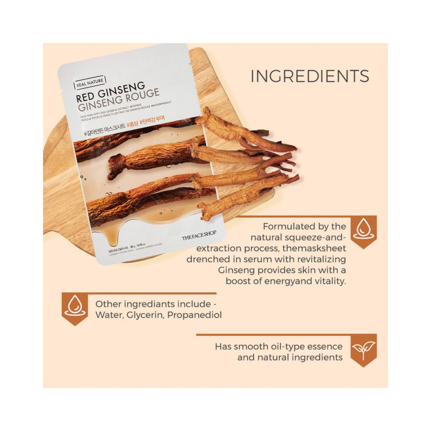 REAL NATURE FACE MASK WITH RED GINSENG EXTRACT – veido kaukė su raudonojo ženšenio ekstraktu (20 g)