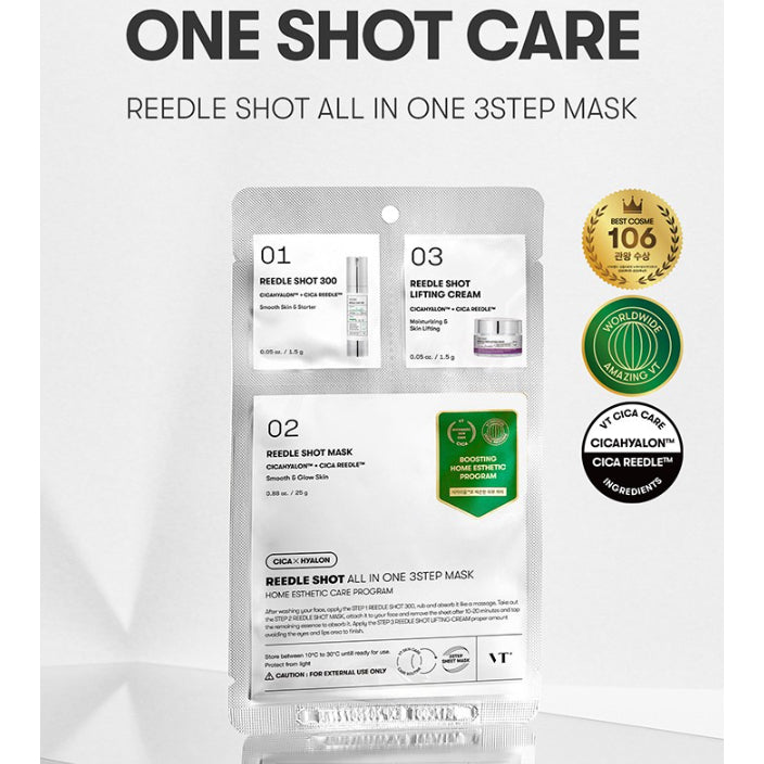 VT Cosmetics - Reedle Shot All In One 3 Step Mask – Lyginamoji Lakštinė Veido Kaukė – 1,5 g + 1,5 g + 25 g