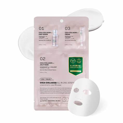 VT Cosmetics - CICA Collagen All In One 3 Step Mask – Drėkinamoji ir Regeneruojamoji Lakštinė Veido Kaukė – 1,5 g + 1,5 g + 25 g